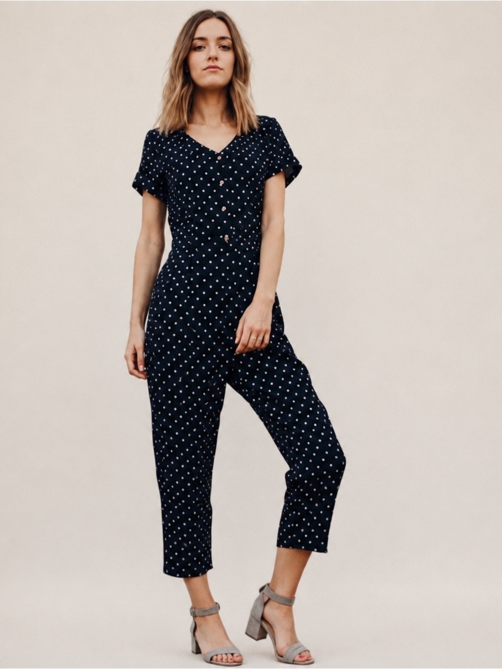 Polagram Black and White Polka Dot Short-Sleeve Jumpsuit